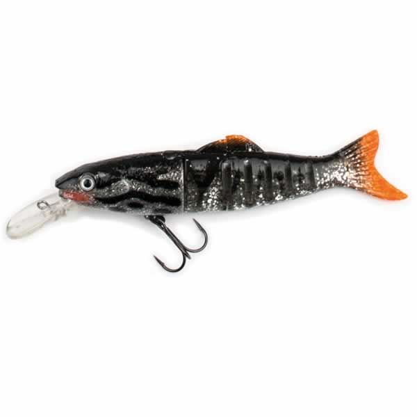 Kombination köder vorne Hartplastik hinten Gummifisch 12 cm schwarz mit orangenen flossen und silbernen details