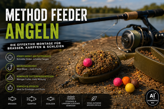 Method Feeder Angeln am See mit Method-Feeder-Montage, Futterkorb, Boilie und Angelrute – effektive Angelmethode auf Brassen, Karpfen und Schleien.