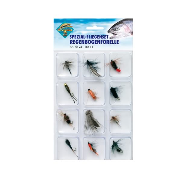 Spezial-Fliegenset Regenbogenforelle – 12 fängige Fliegen für Regenbogenforellen