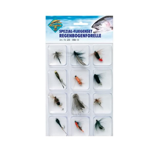 Spezial-Fliegenset Regenbogenforelle – 12 fängige Fliegen für Regenbogenforellen